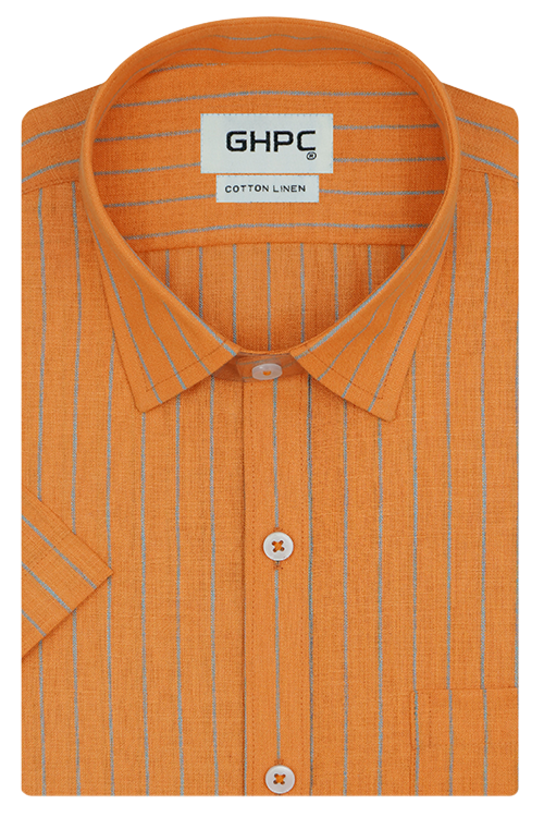 Men's Cotton Linen Chalk Striped Half Sleeves Shirt (Orange)