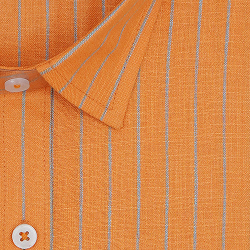 Men's Cotton Linen Chalk Striped Half Sleeves Shirt (Orange)