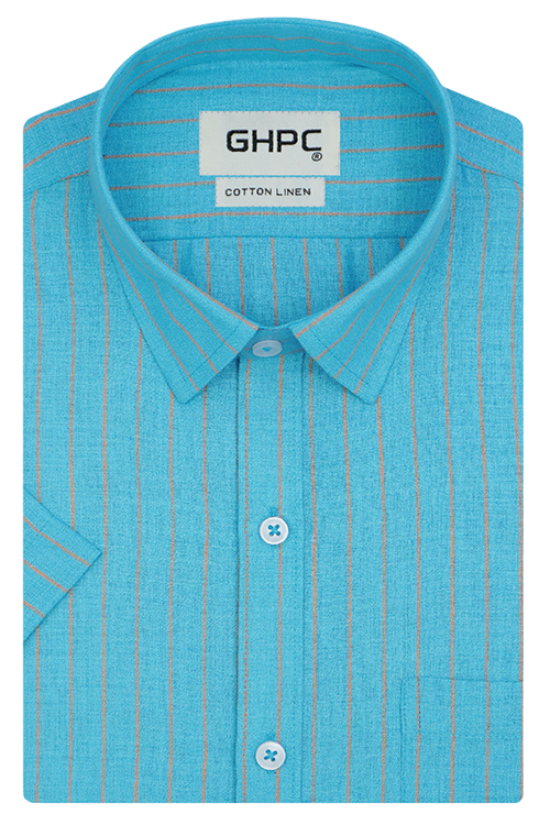 Men's Cotton Linen Chalk Striped Half Sleeves Shirt (Turquoise Blue)