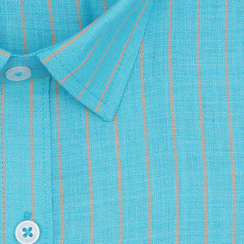 Men's Cotton Linen Chalk Striped Half Sleeves Shirt (Turquoise Blue)