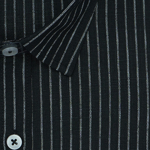 Men's Cotton Linen Chalk Striped Half Sleeves Shirt (Black)
