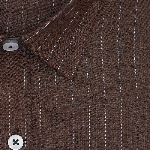 Men's Cotton Linen Chalk Striped Half Sleeves Shirt (Brown)