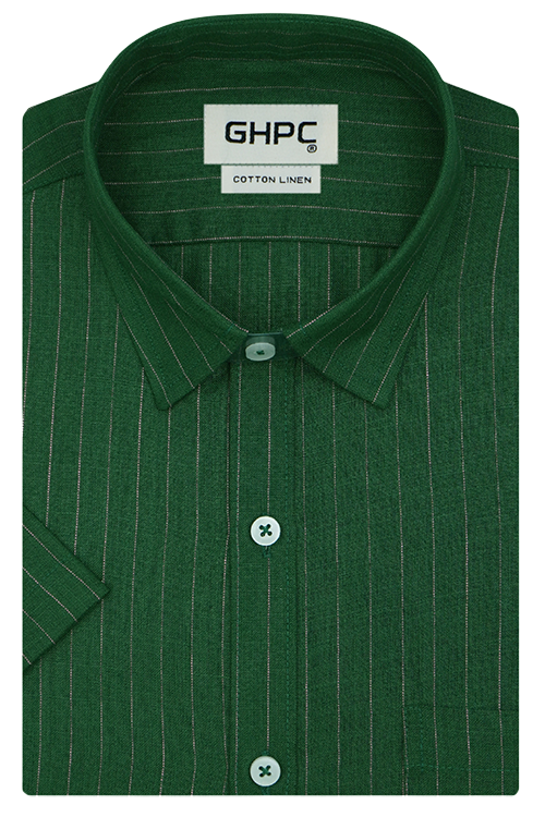 Men's Cotton Linen Chalk Striped Half Sleeves Shirt (Bottle Green)