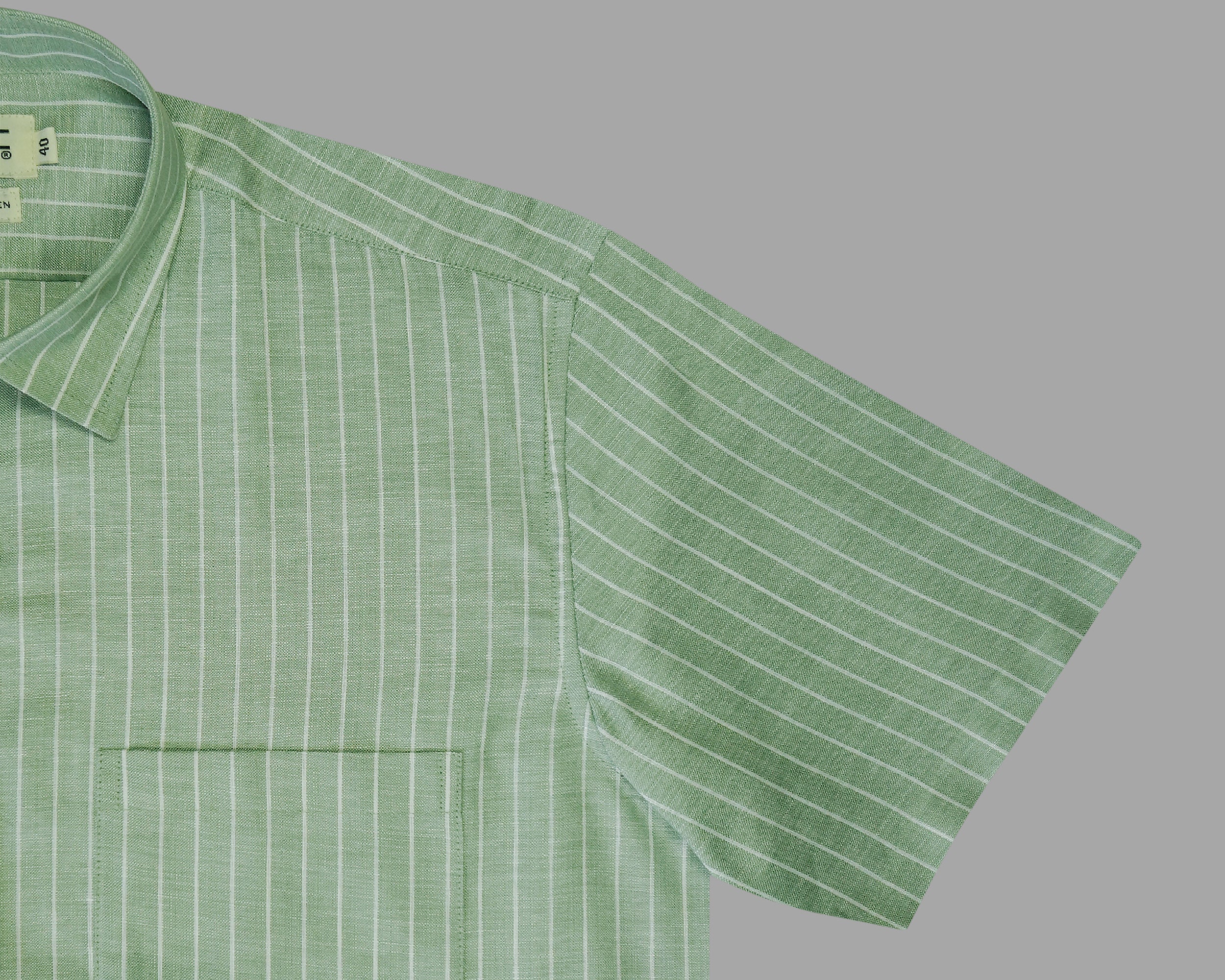 Men's Cotton Linen Striped Half Sleeves Shirt (Green)