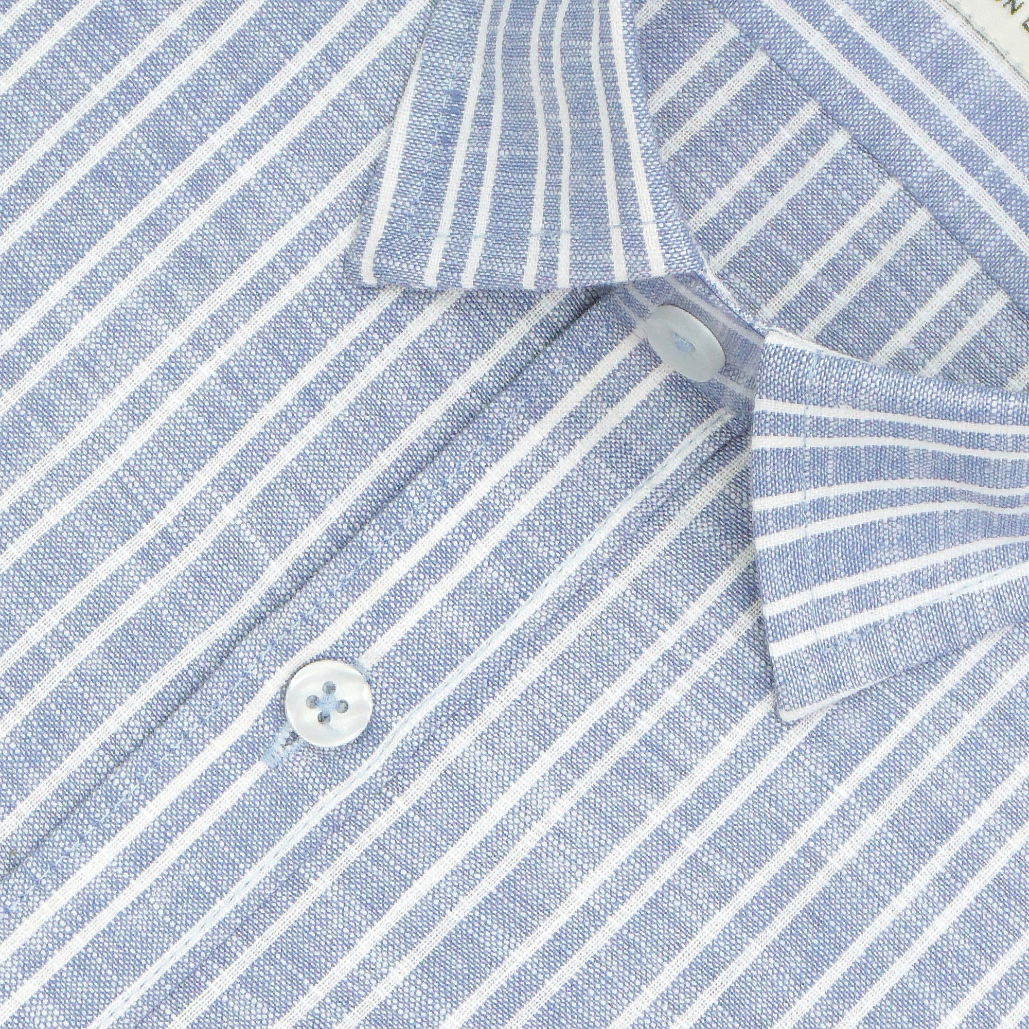 Men's Cotton Linen Striped Half Sleeves Shirt (Blue)