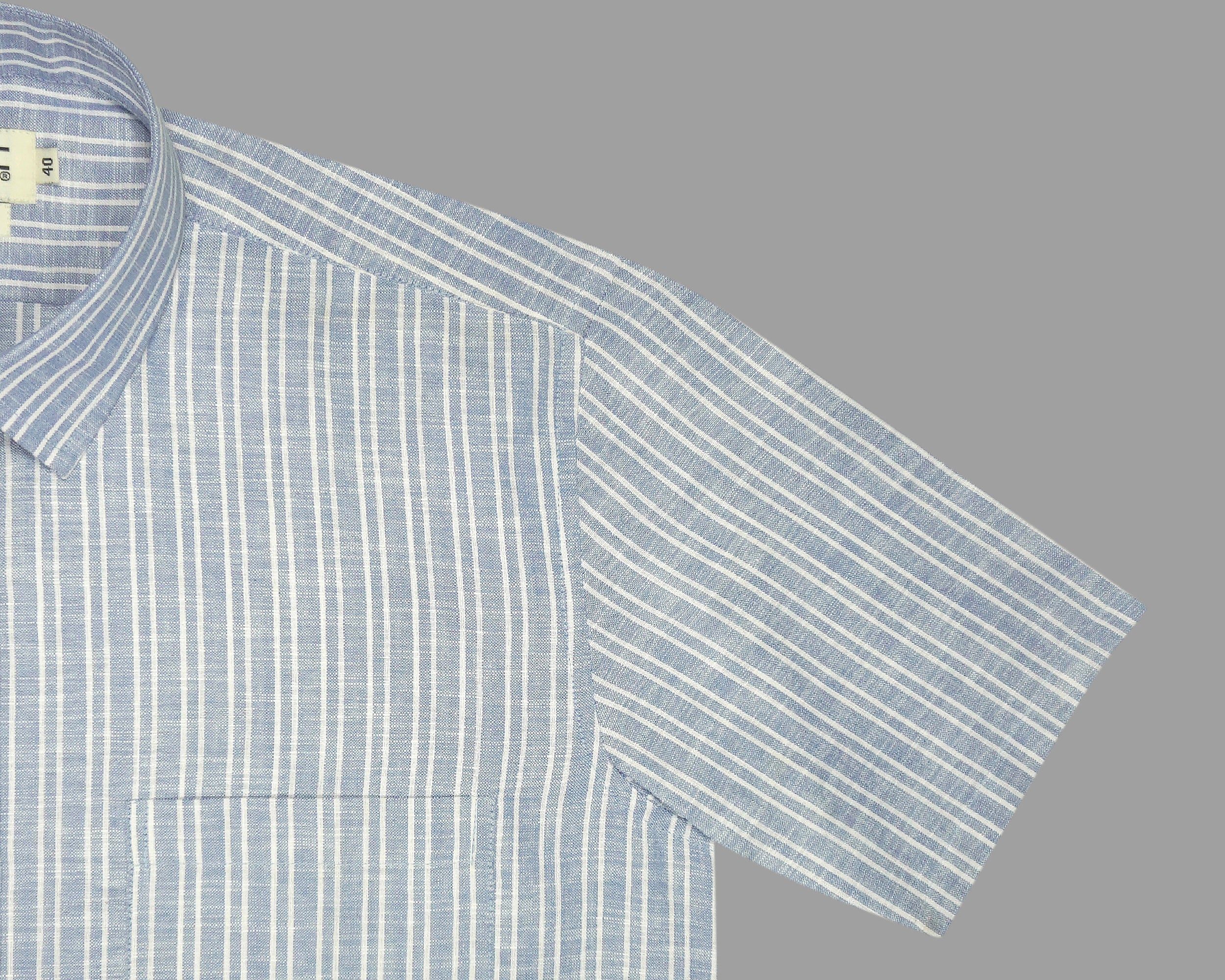 Men's Cotton Linen Striped Half Sleeves Shirt (Blue)