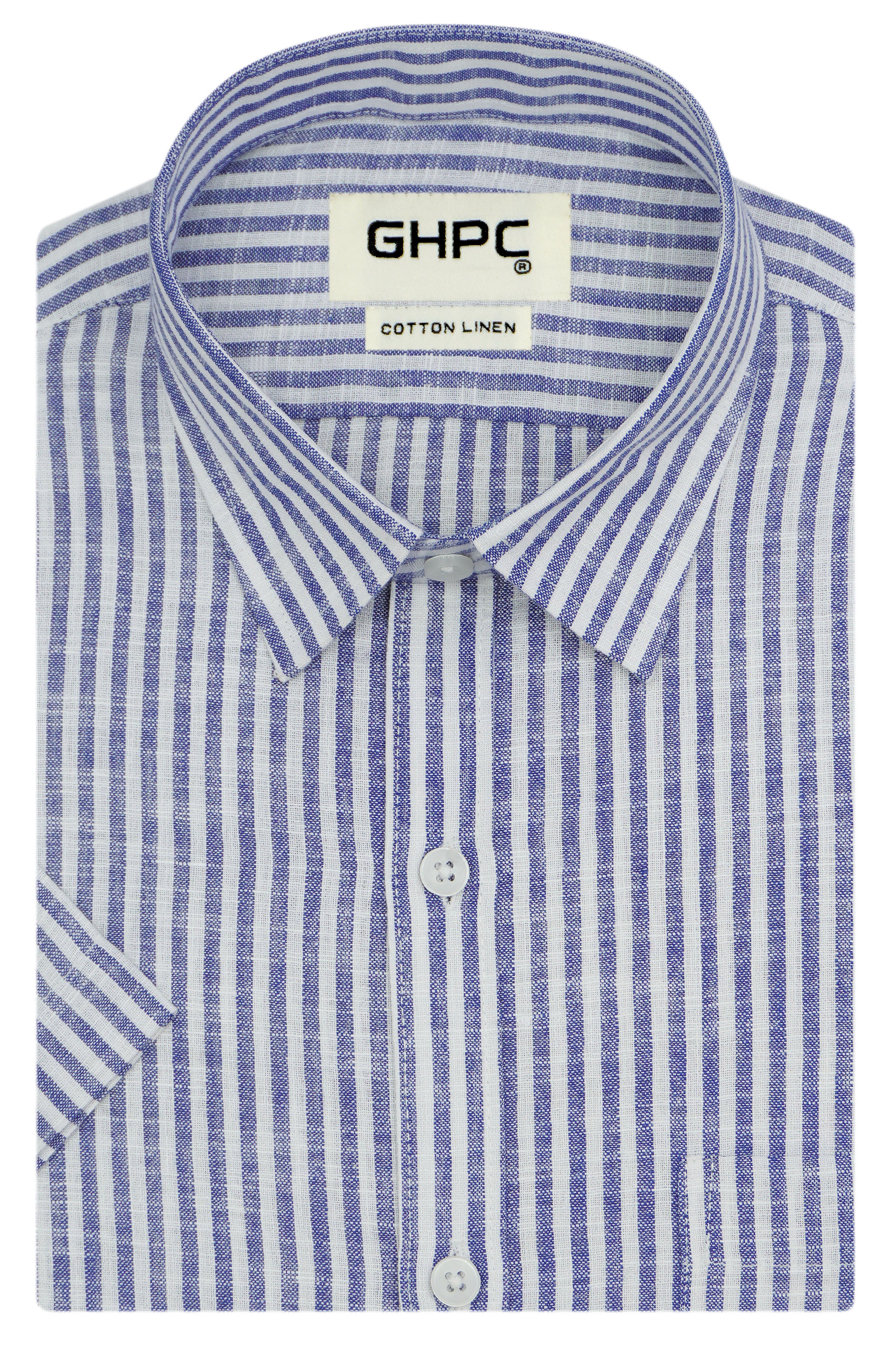 Men's Cotton Linen Striped Half Sleeves Shirt (Blue)