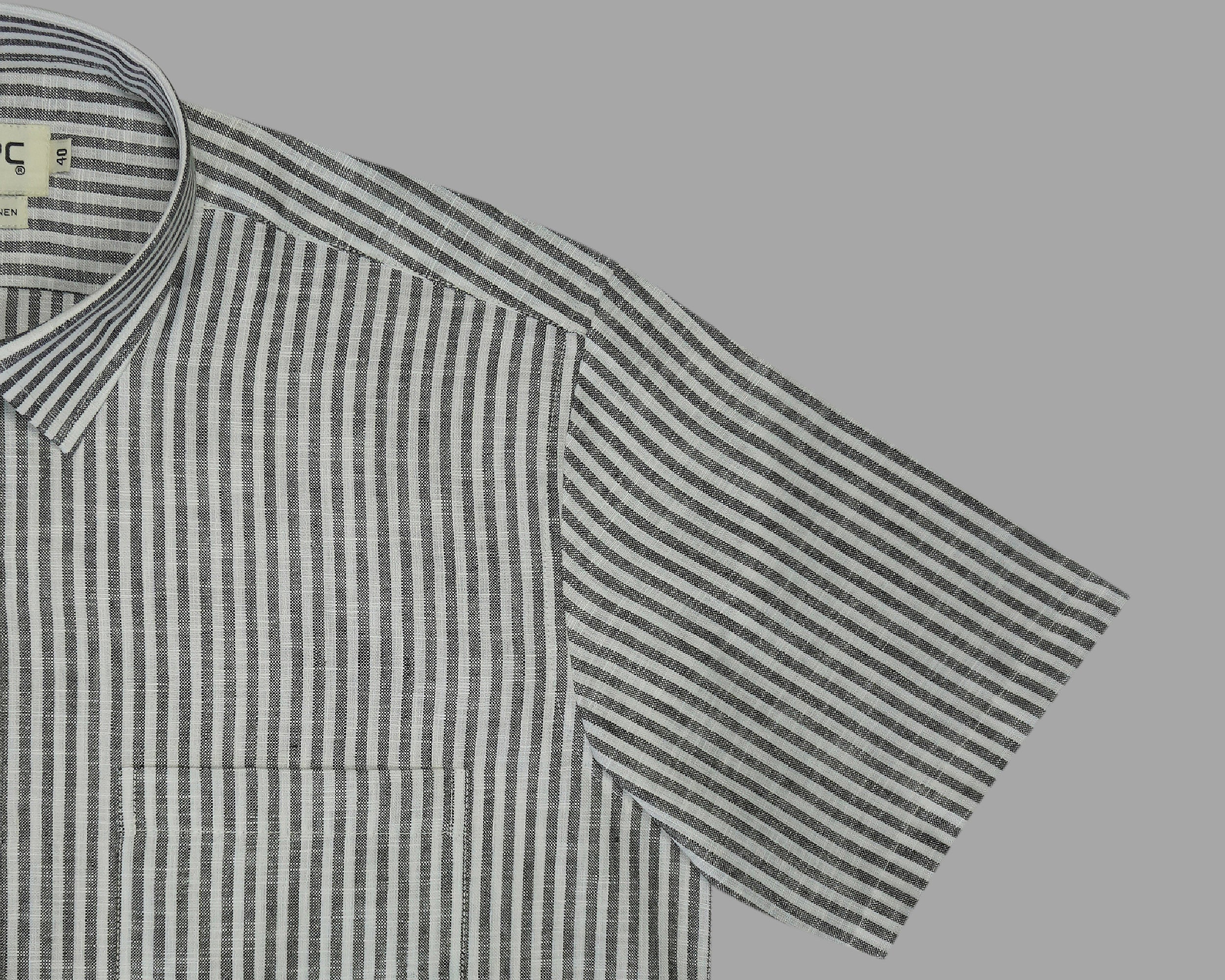 Men's Cotton Linen Striped Half Sleeves Shirt (Grey)