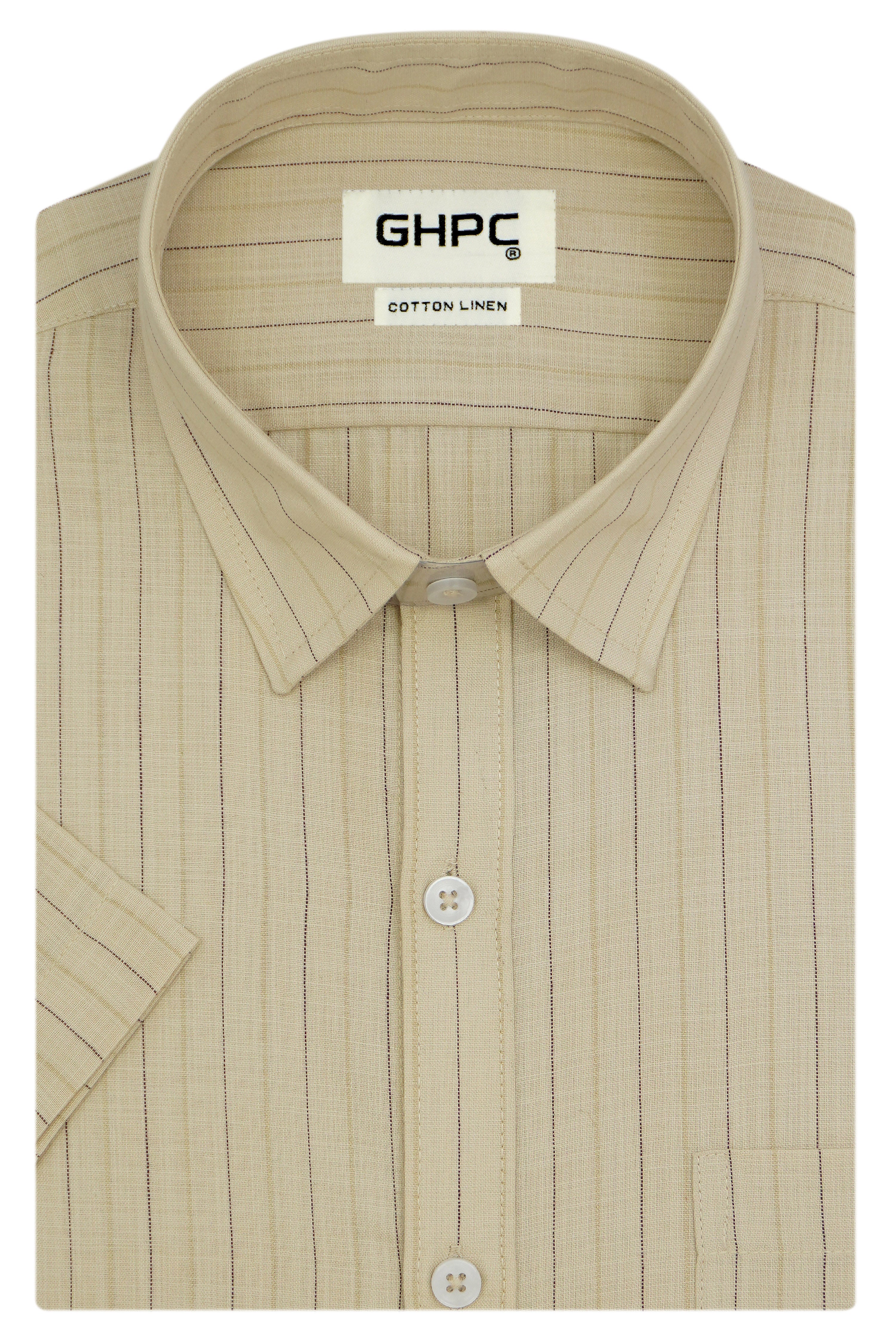 Men's Cotton Linen Striped Half Sleeves Shirt (Beige)