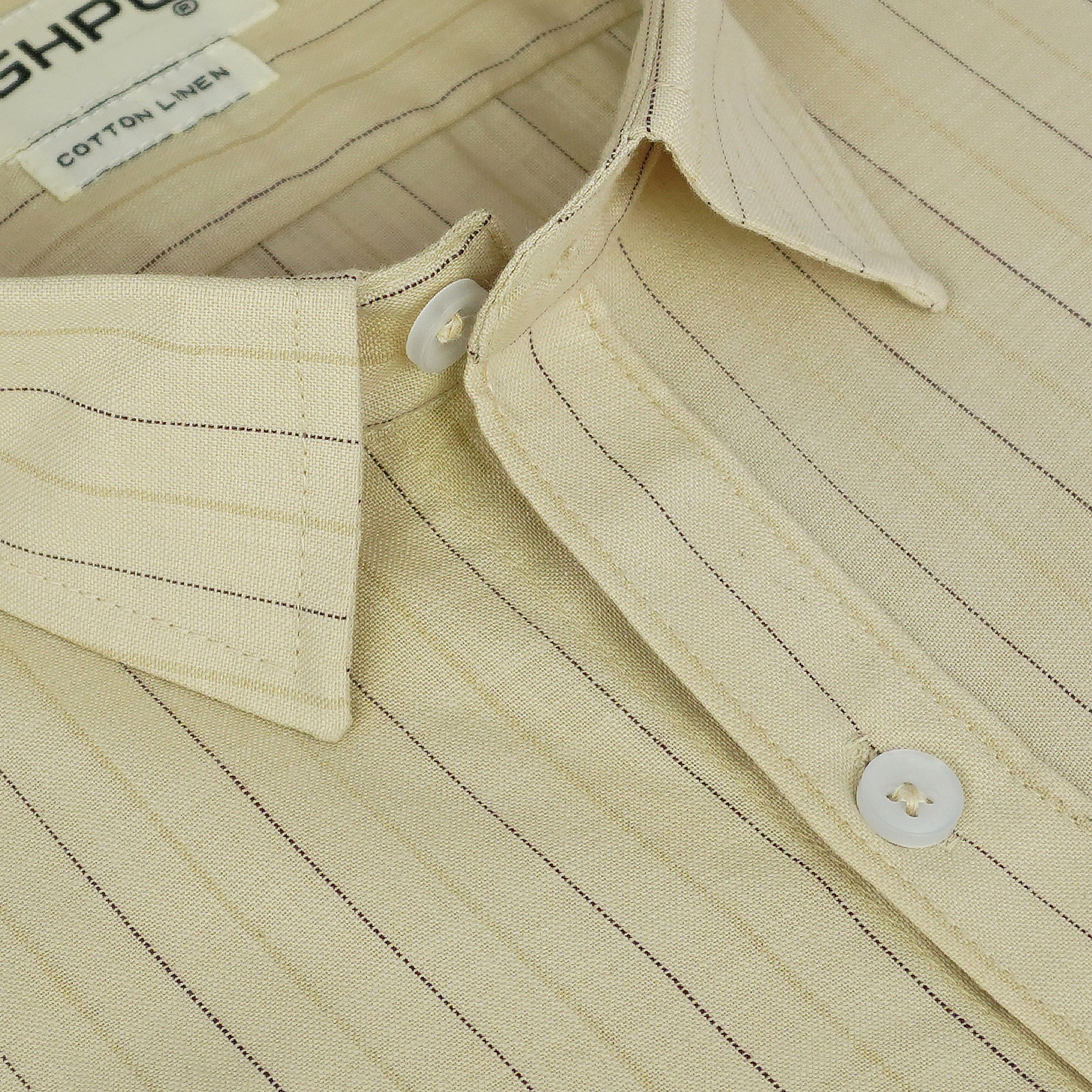 Men's Cotton Linen Striped Half Sleeves Shirt (Beige)