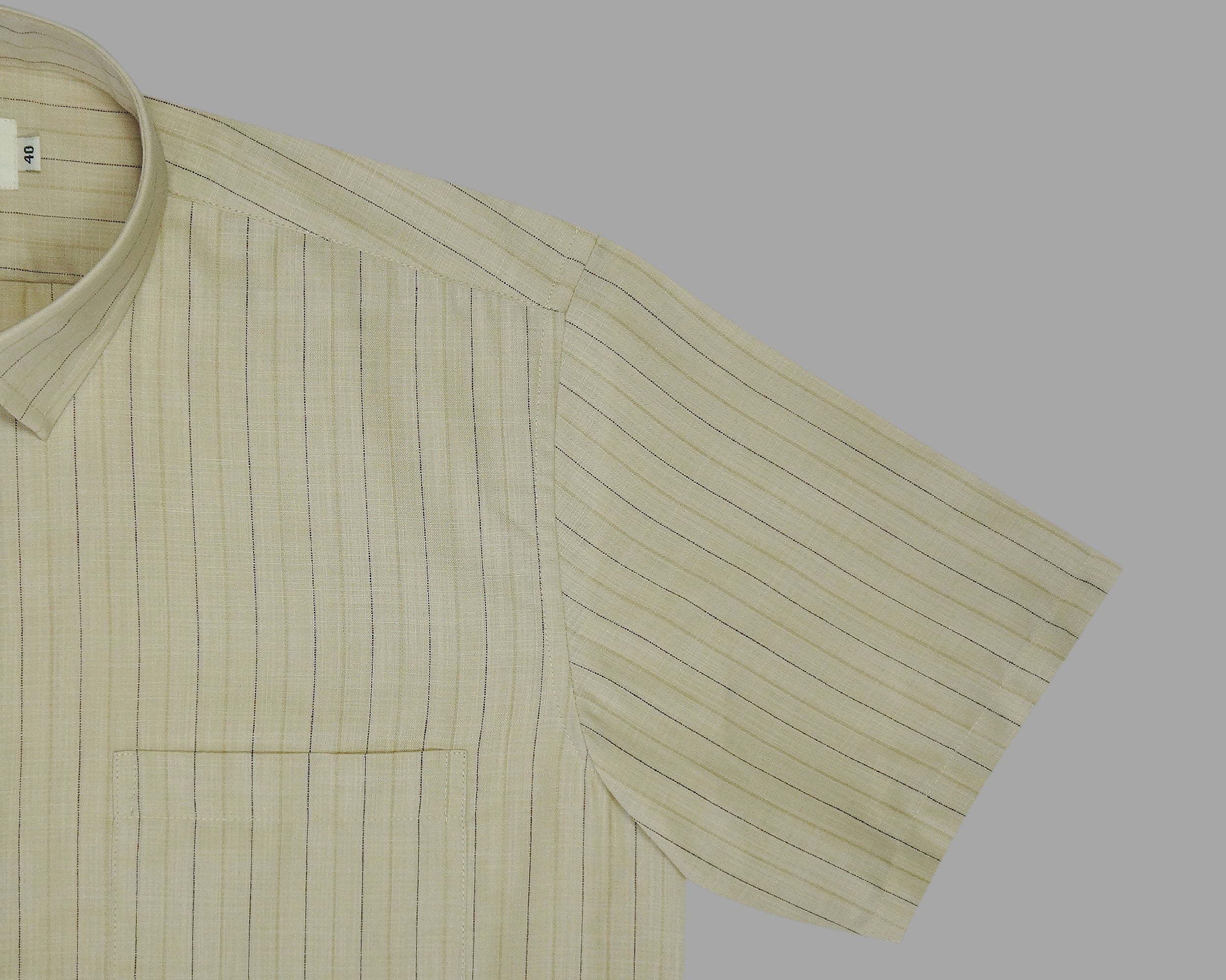 Men's Cotton Linen Striped Half Sleeves Shirt (Beige)