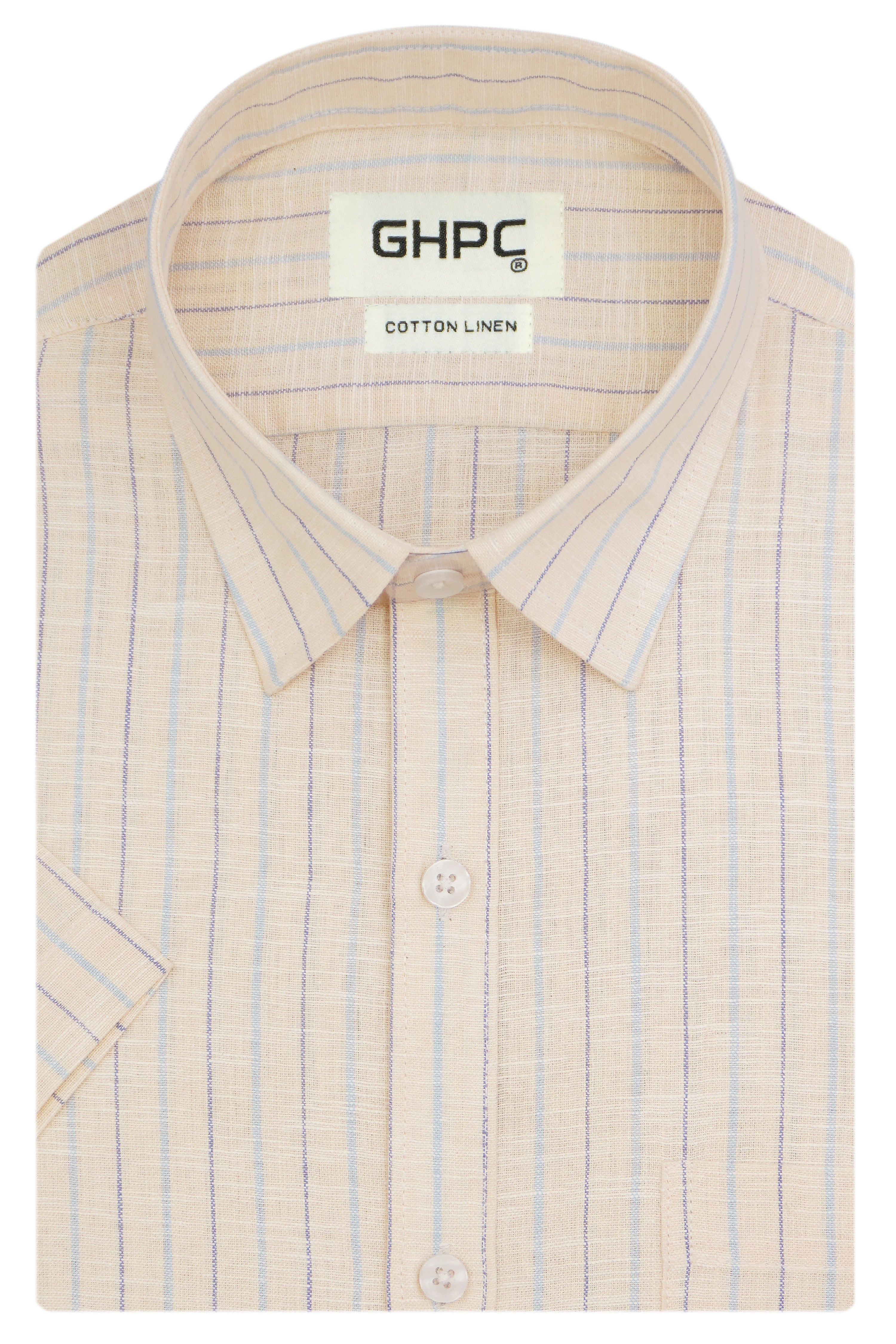 Men's Cotton Linen Striped Half Sleeves Shirt (Peach)