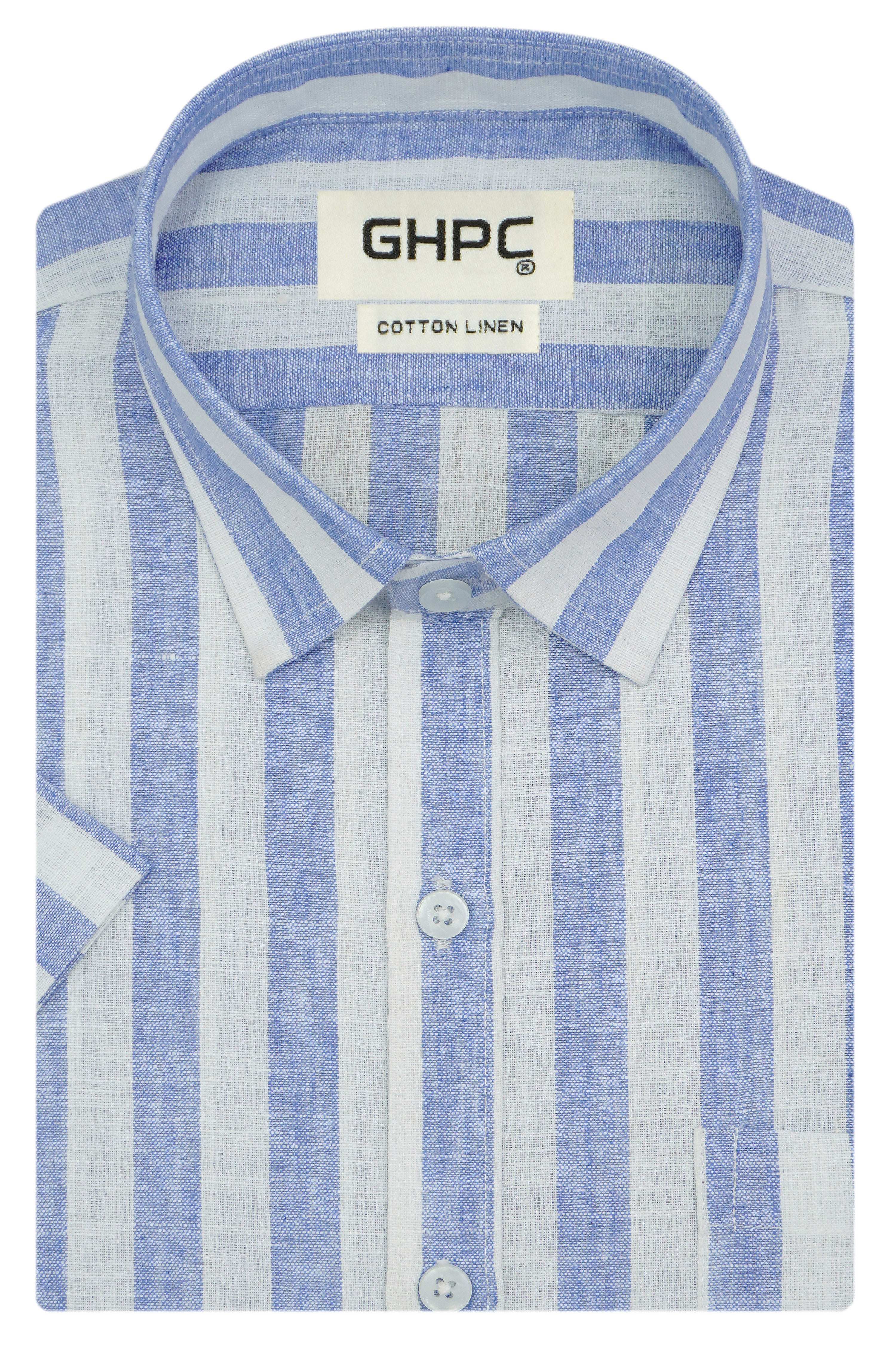 Men's Cotton Linen Striped Half Sleeves Shirt (Blue)