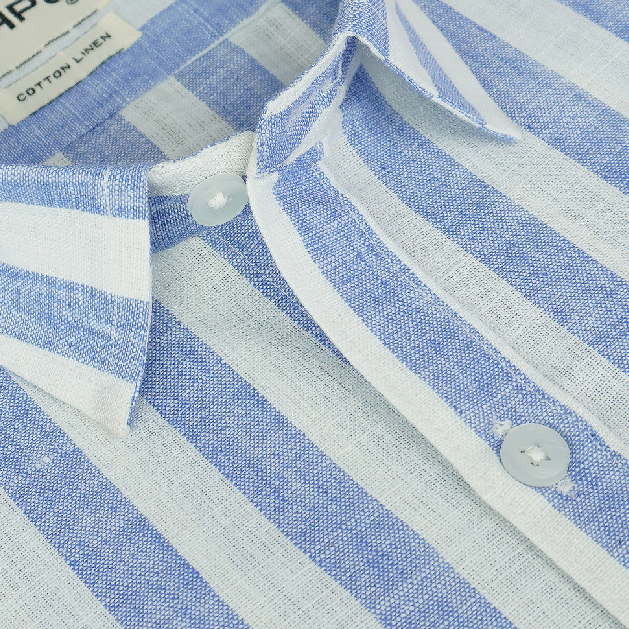 Men's Cotton Linen Striped Half Sleeves Shirt (Blue)