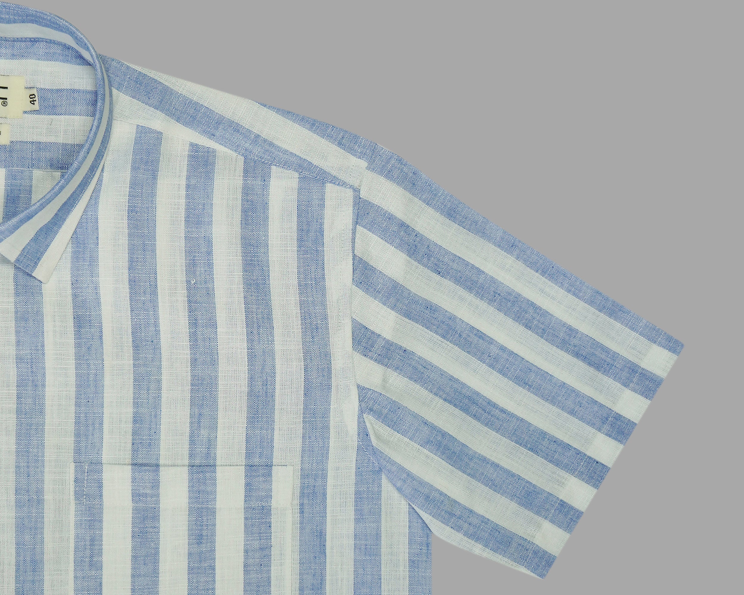 Men's Cotton Linen Striped Half Sleeves Shirt (Blue)