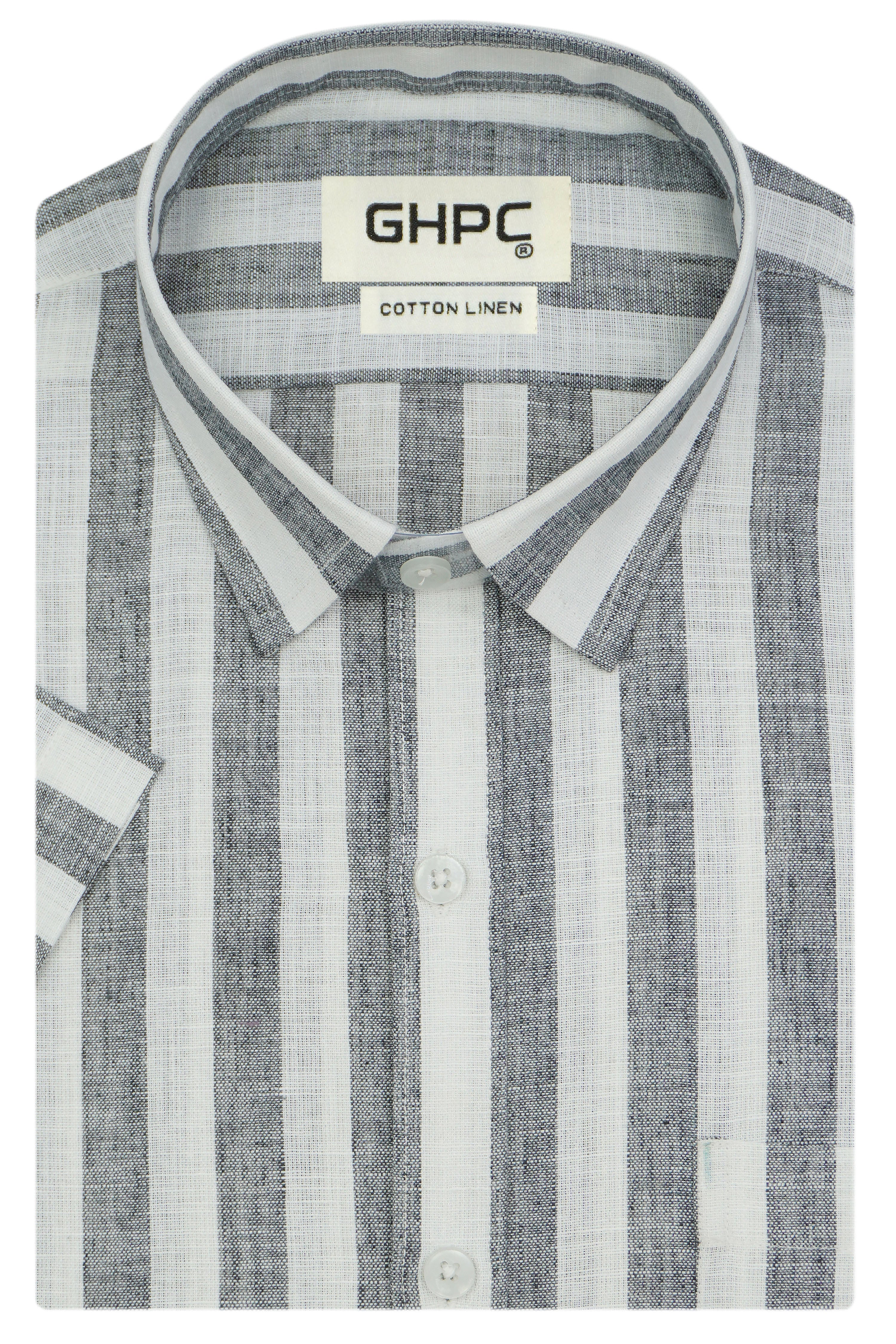 Men's Cotton Linen Striped Half Sleeves Shirt (Grey)