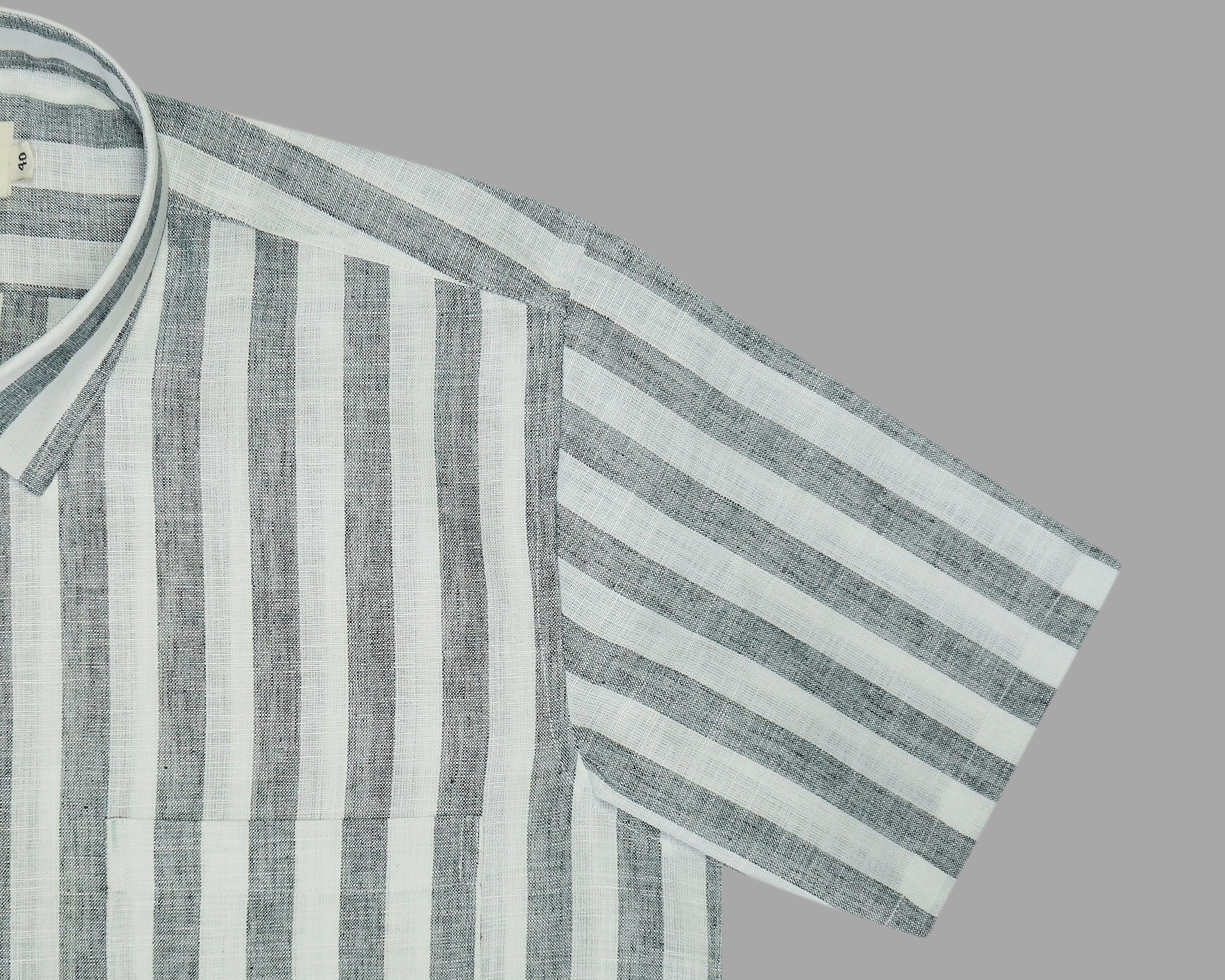 Men's Cotton Linen Striped Half Sleeves Shirt (Grey)