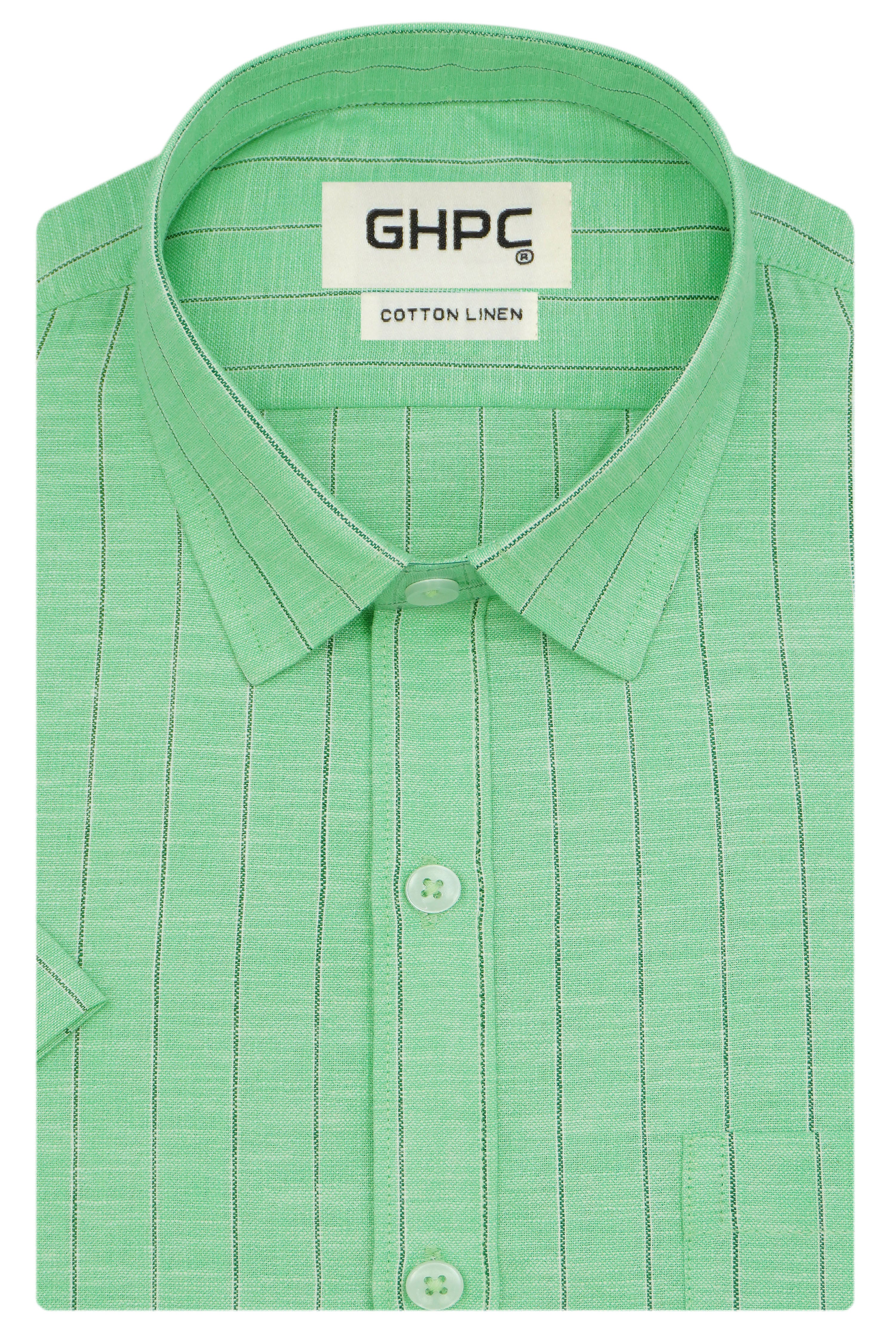 Men's Cotton Linen Striped Half Sleeves Shirt (Olive Green)