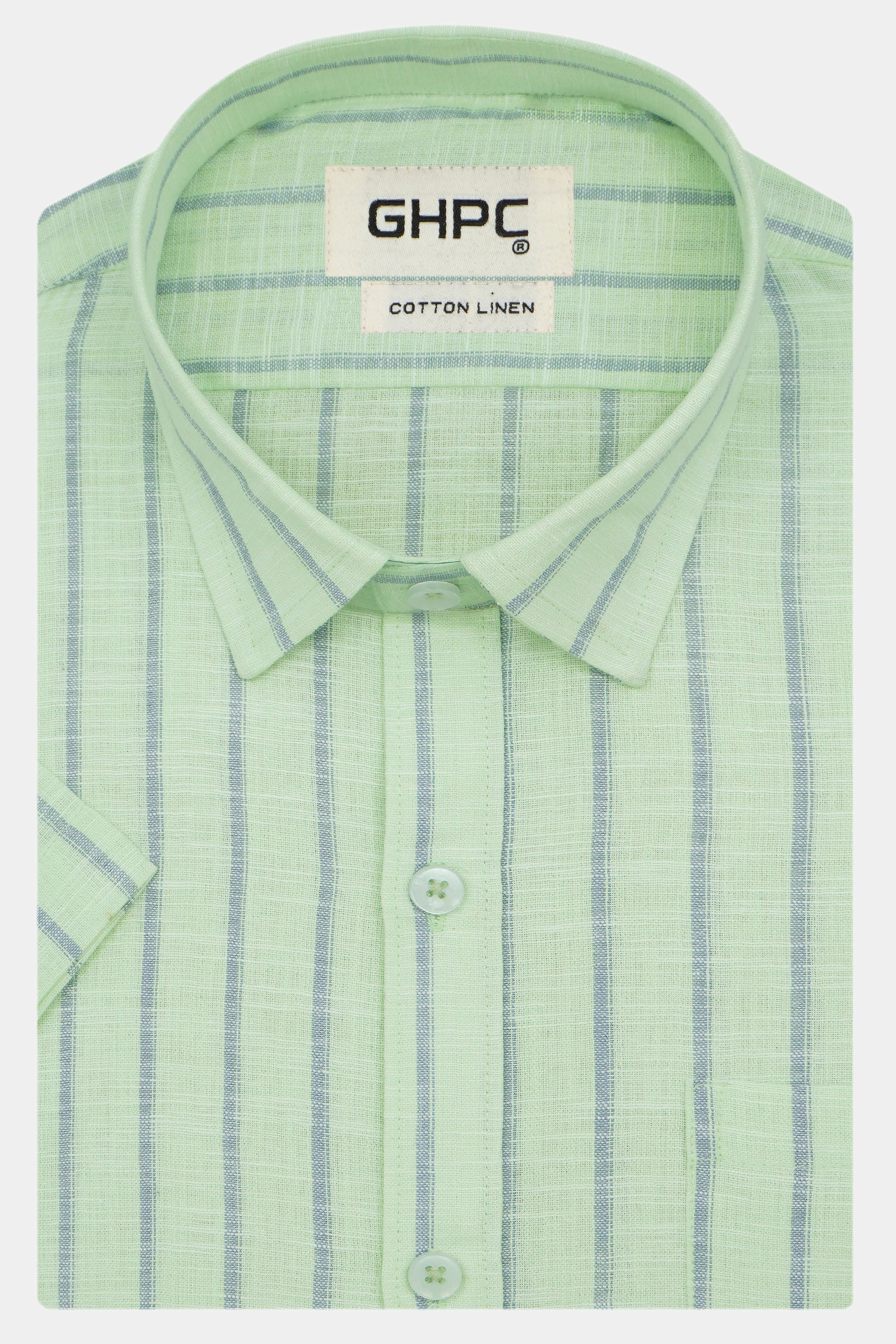 Men's Cotton Linen Striped Half Sleeves Shirt (Green)