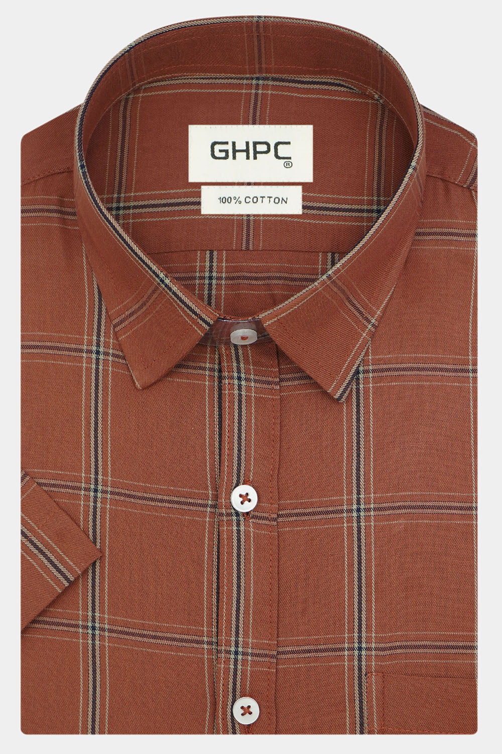 Men's 100% Cotton Checkered Half Sleeves Shirt (Rust)