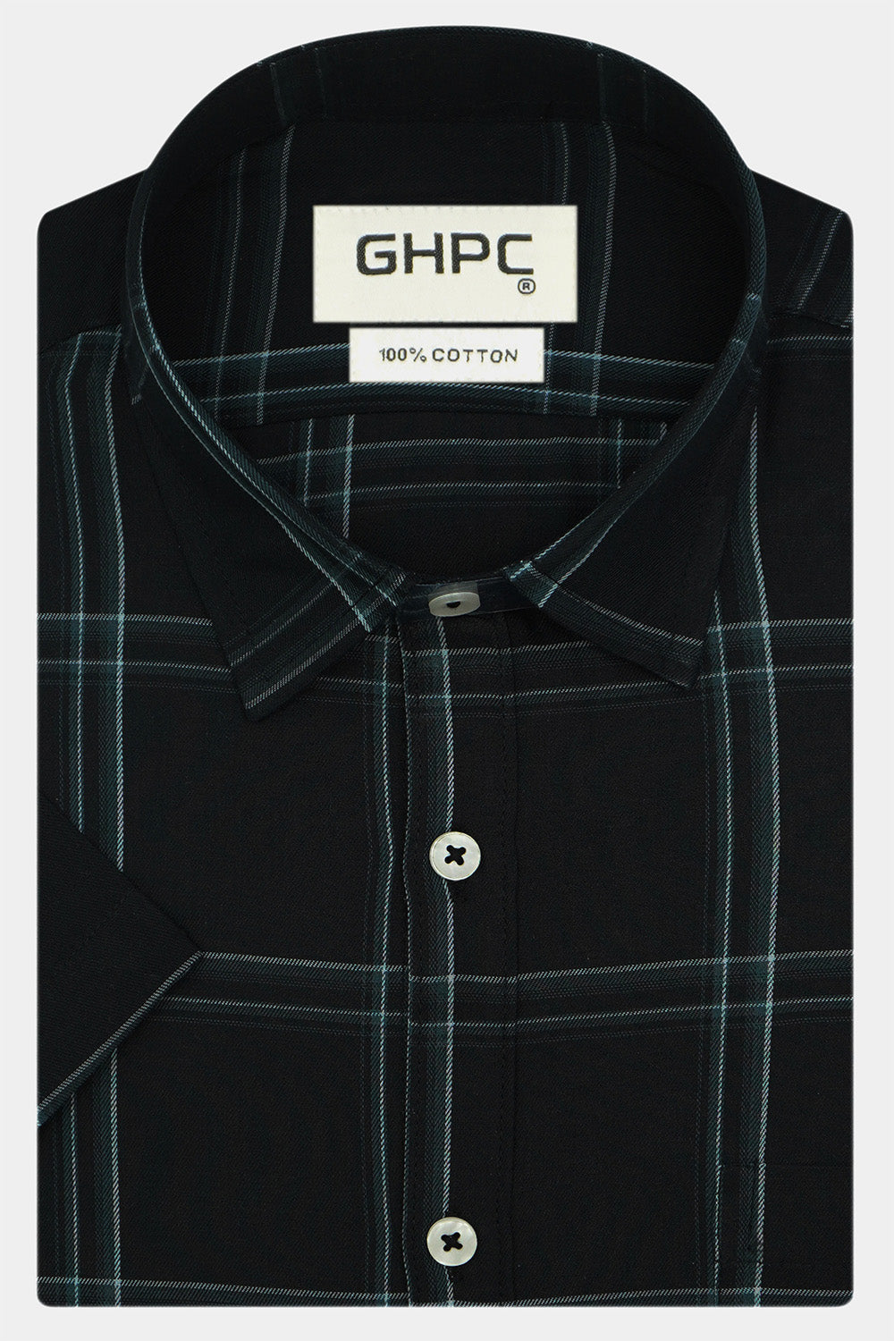 Men's 100% Cotton Checkered Half Sleeves Shirt (Black)