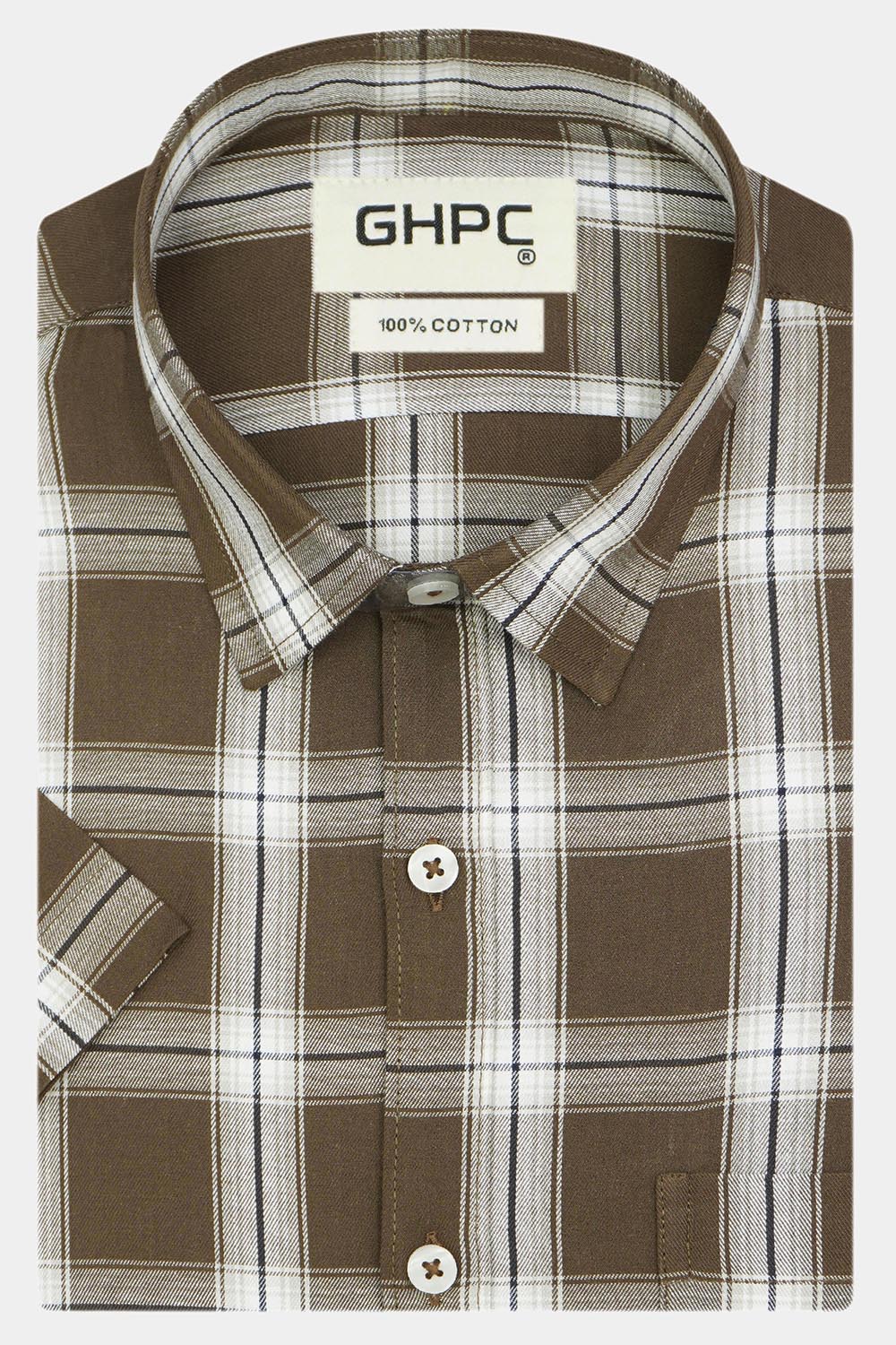 Men's 100% Cotton Checkered Half Sleeves Shirt (Khaki)
