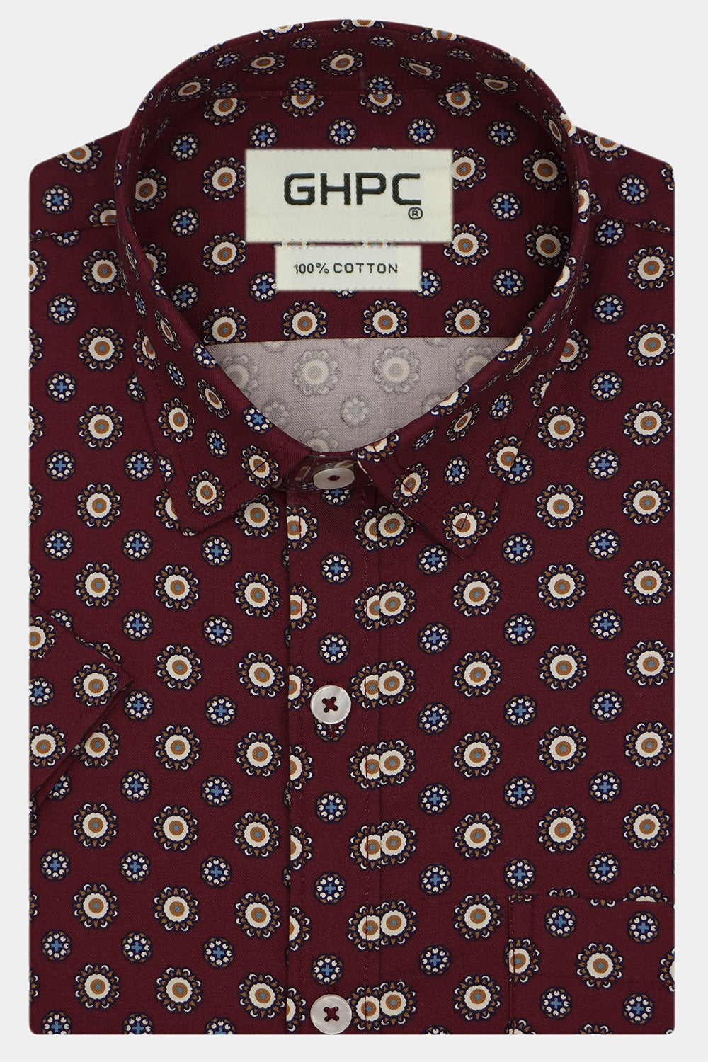 Men's 100% Cotton Printed Half Sleeves Shirt (Maroon)