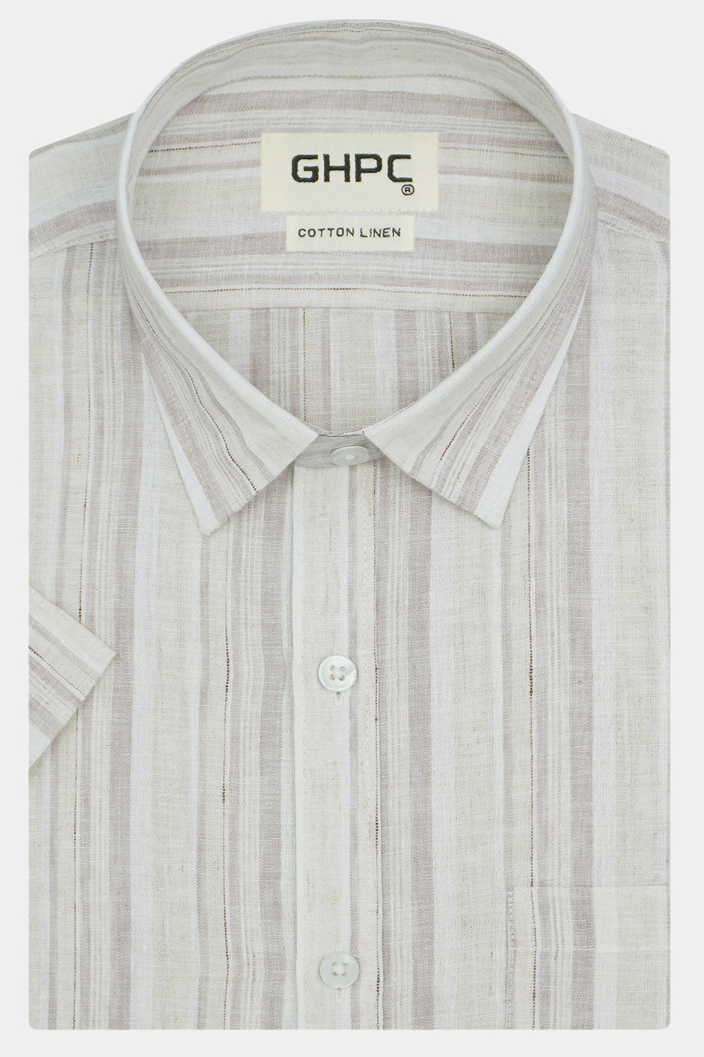 Men's Cotton Linen Striped Half Sleeves Shirt (Brown)