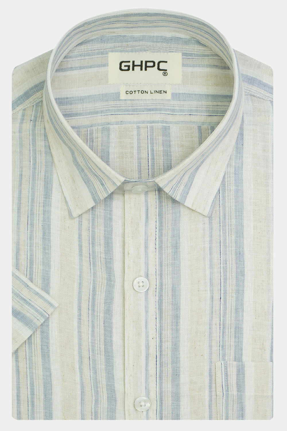 Men's Cotton Linen Striped Half Sleeves Shirt (Blue)