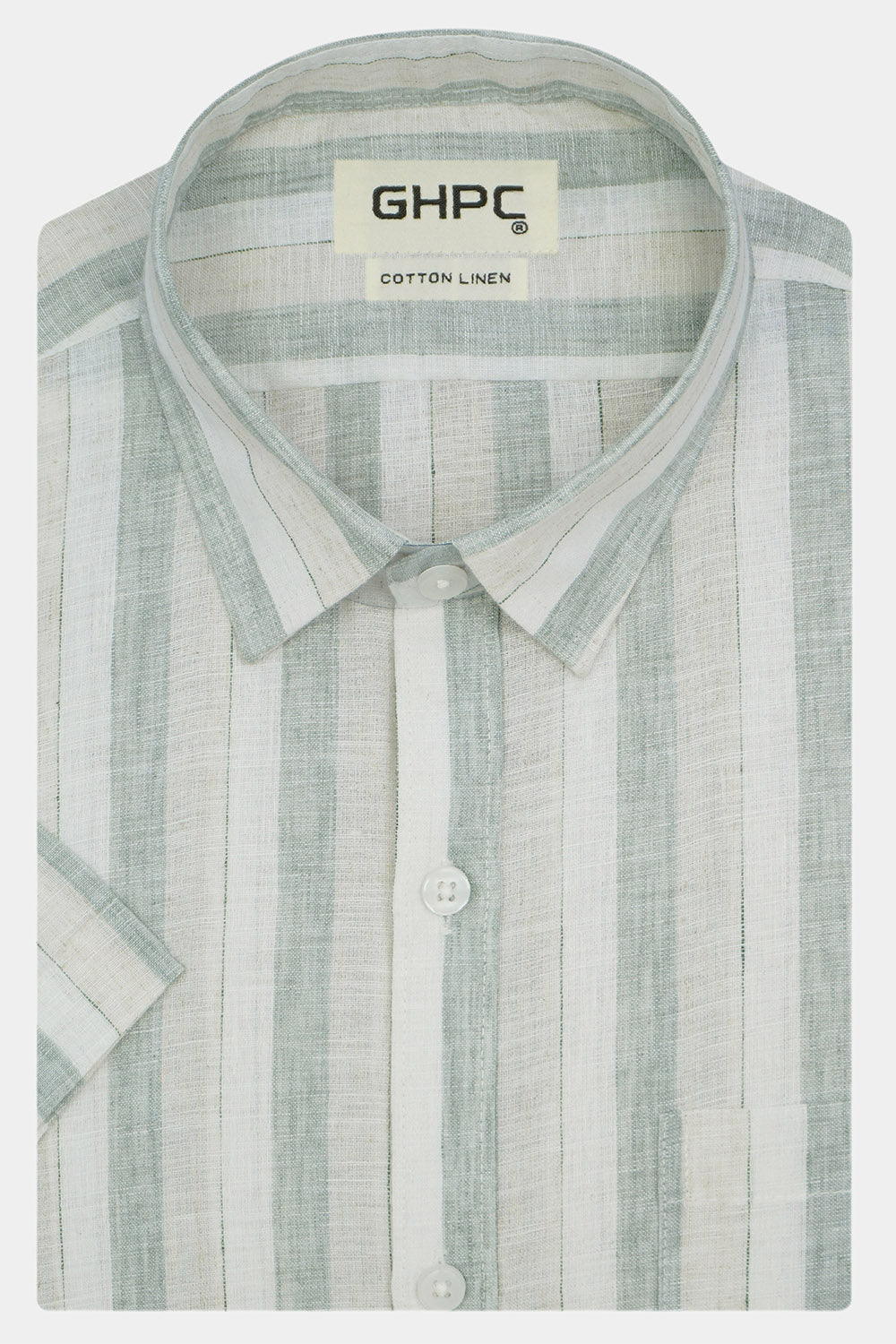 Men's Cotton Linen Striped Half Sleeves Shirt (Green)