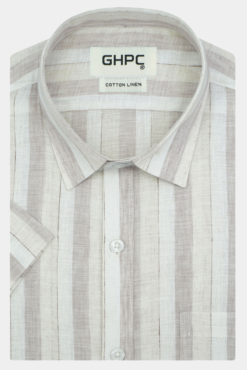 Men's Cotton Linen Striped Half Sleeves Shirt (Brown)