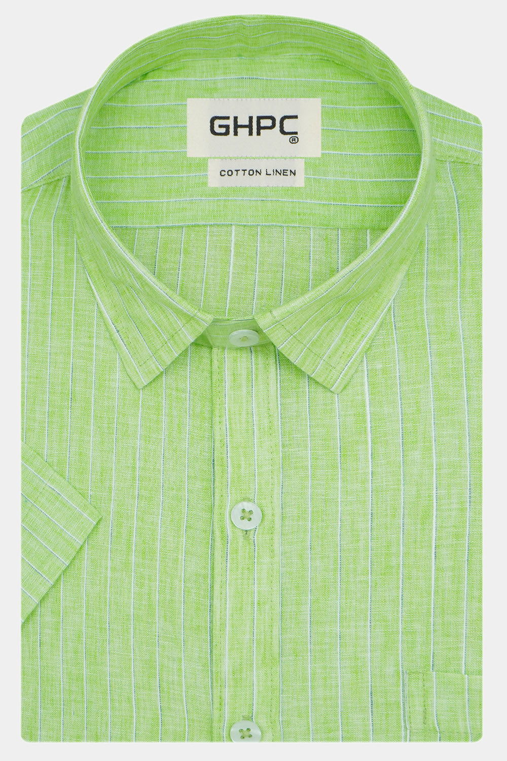 Men's Cotton Linen Striped Half Sleeves Shirt (Green)