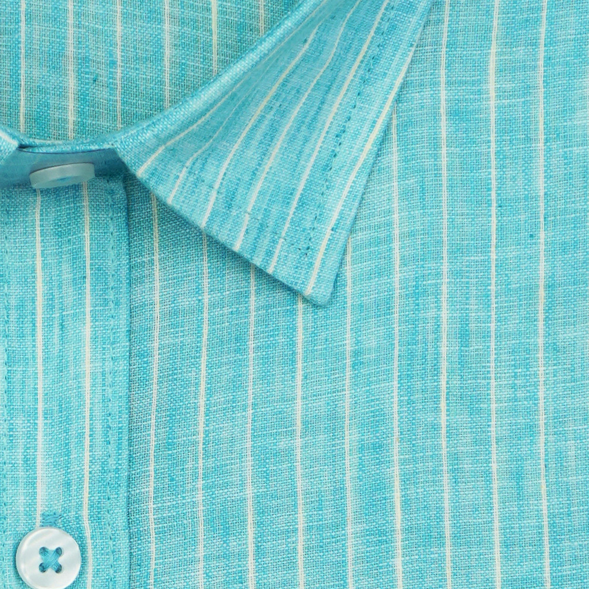 Men's Cotton Linen Striped Half Sleeves Shirt (Blue)