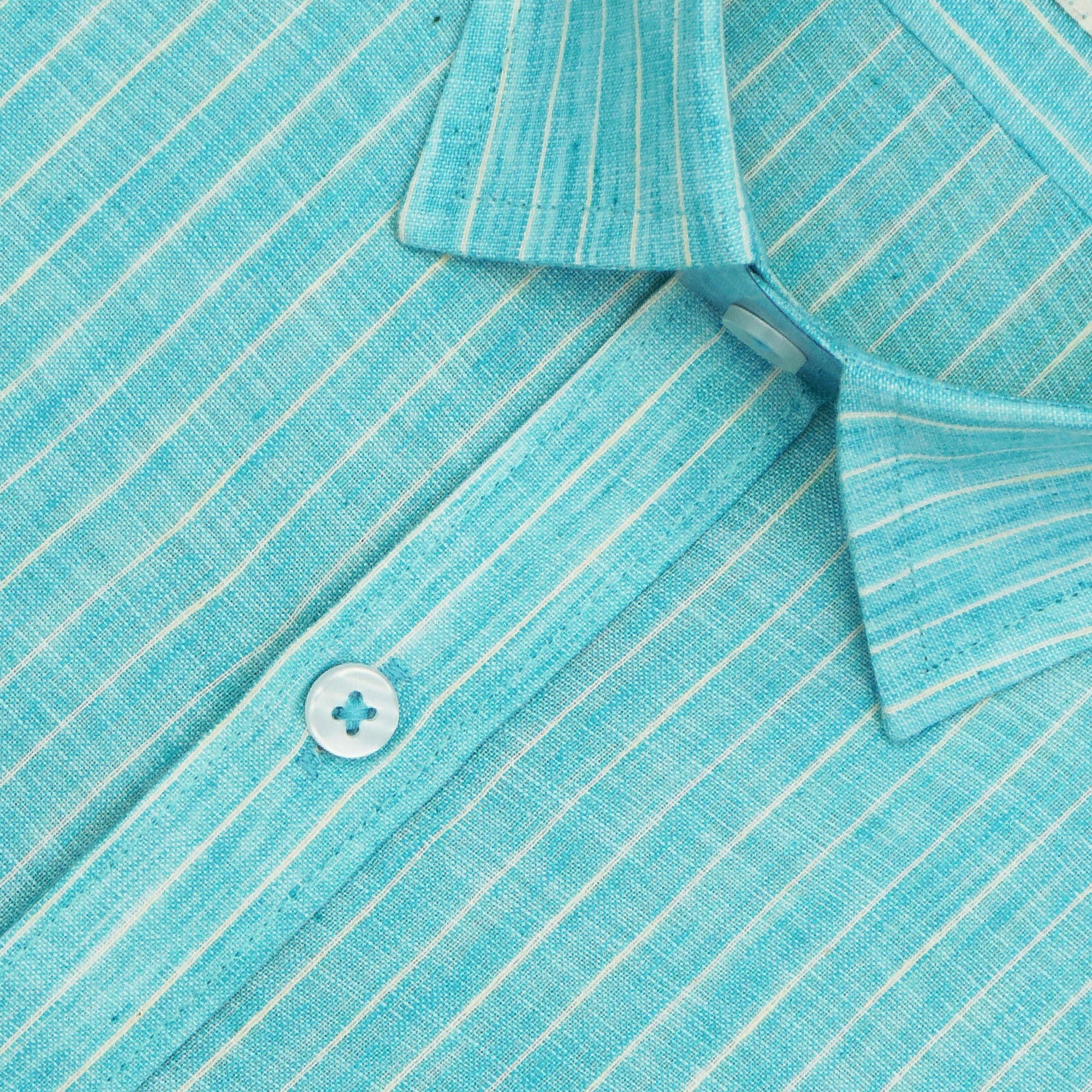 Men's Cotton Linen Striped Half Sleeves Shirt (Blue)