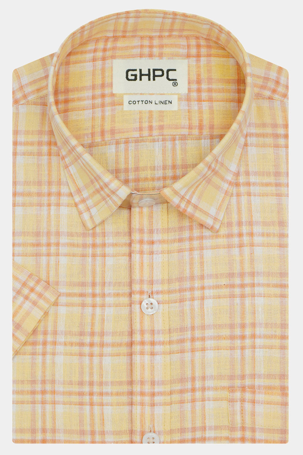Men's Cotton Linen Checkered Half Sleeves Shirt (Orange)
