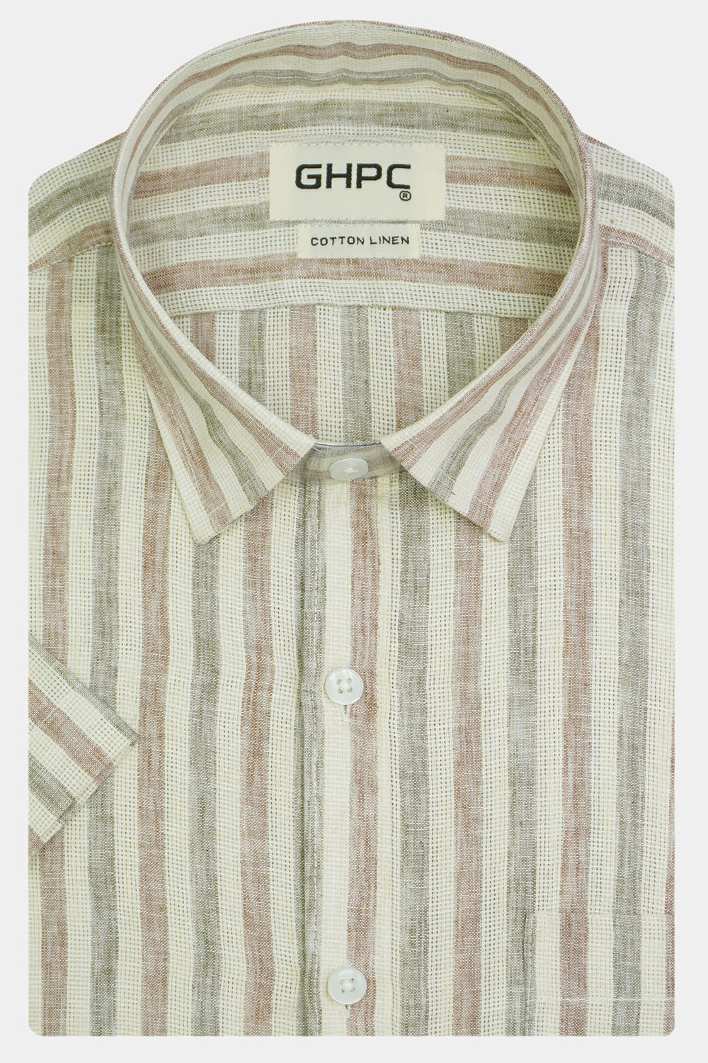 Men's Cotton Linen Striped Half Sleeves Shirt (Brown)