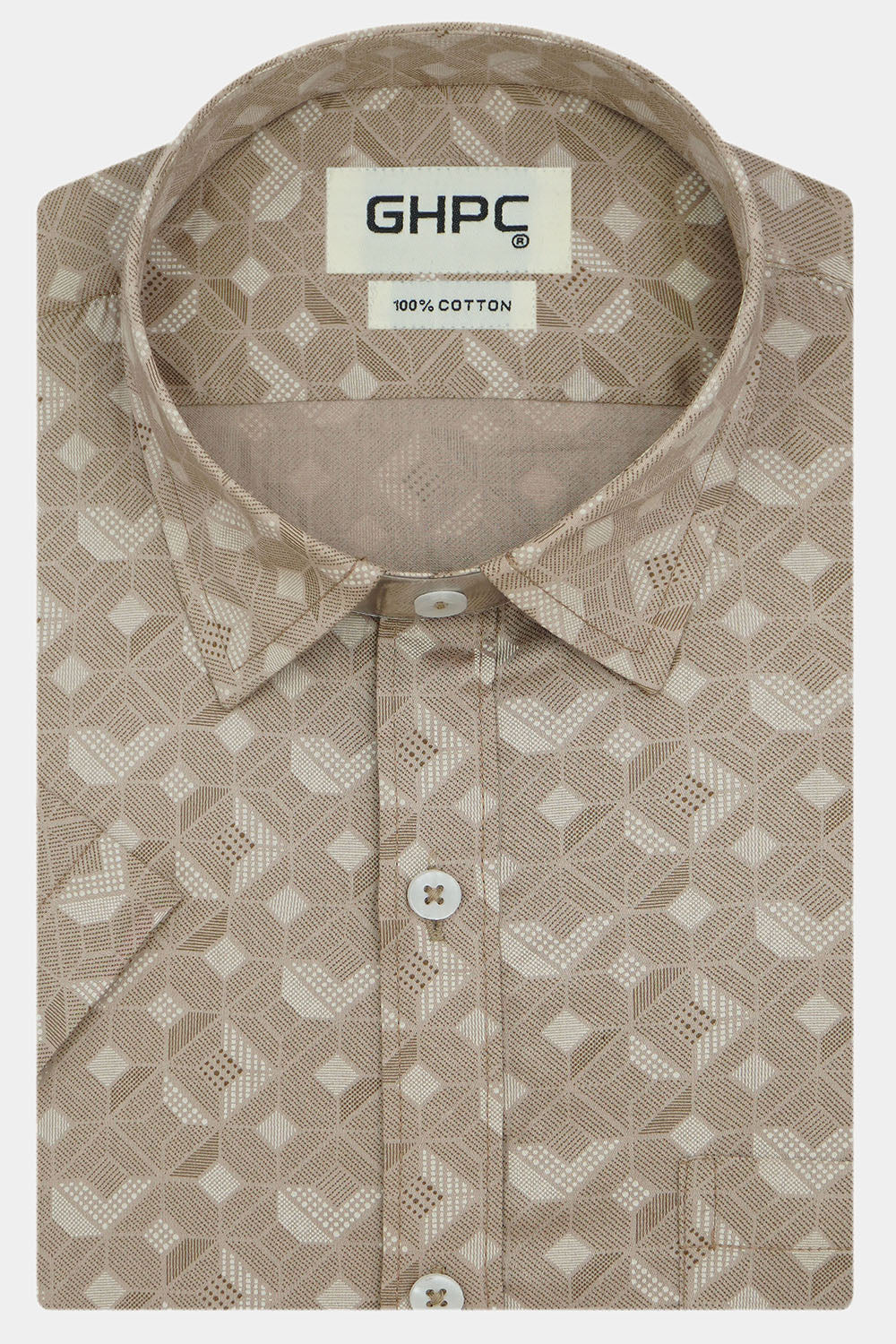 Men's 100% Cotton Geometric Printed Half Sleeves Shirt (Brown)