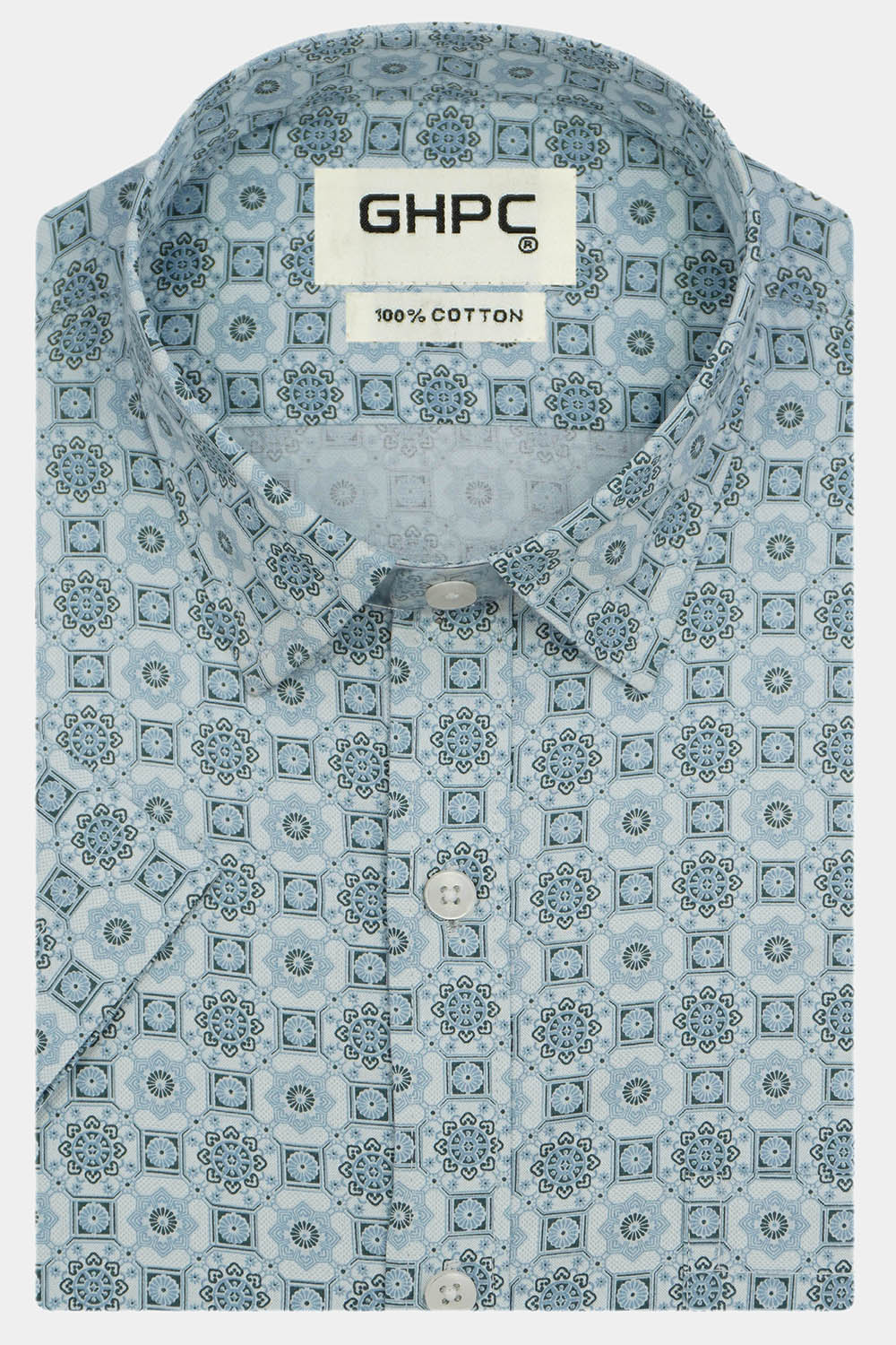 Men's 100% Cotton Geometric Printed Half Sleeves Shirt (Blue)
