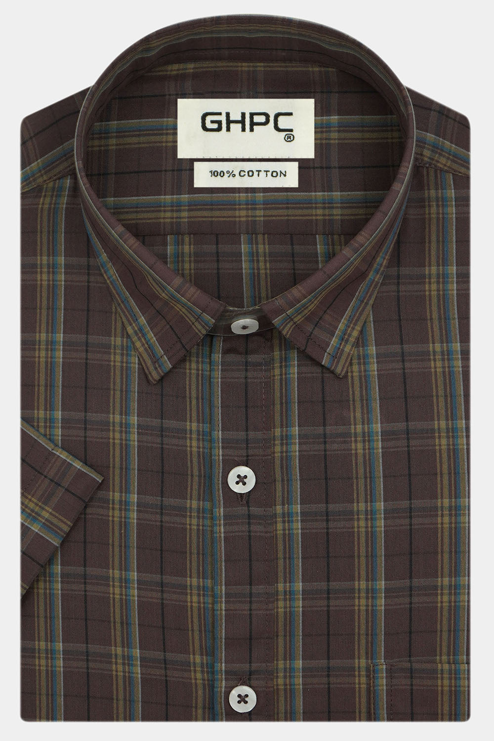 Men's 100% Cotton Checkered Half Sleeves Shirt (Brown)