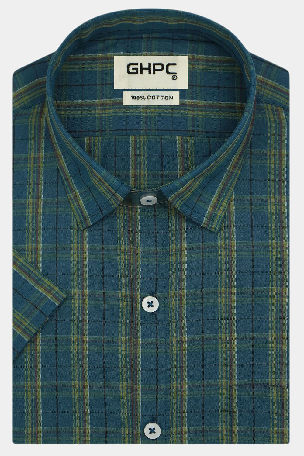 Men's 100% Cotton Checkered Half Sleeves Shirt (Teal)