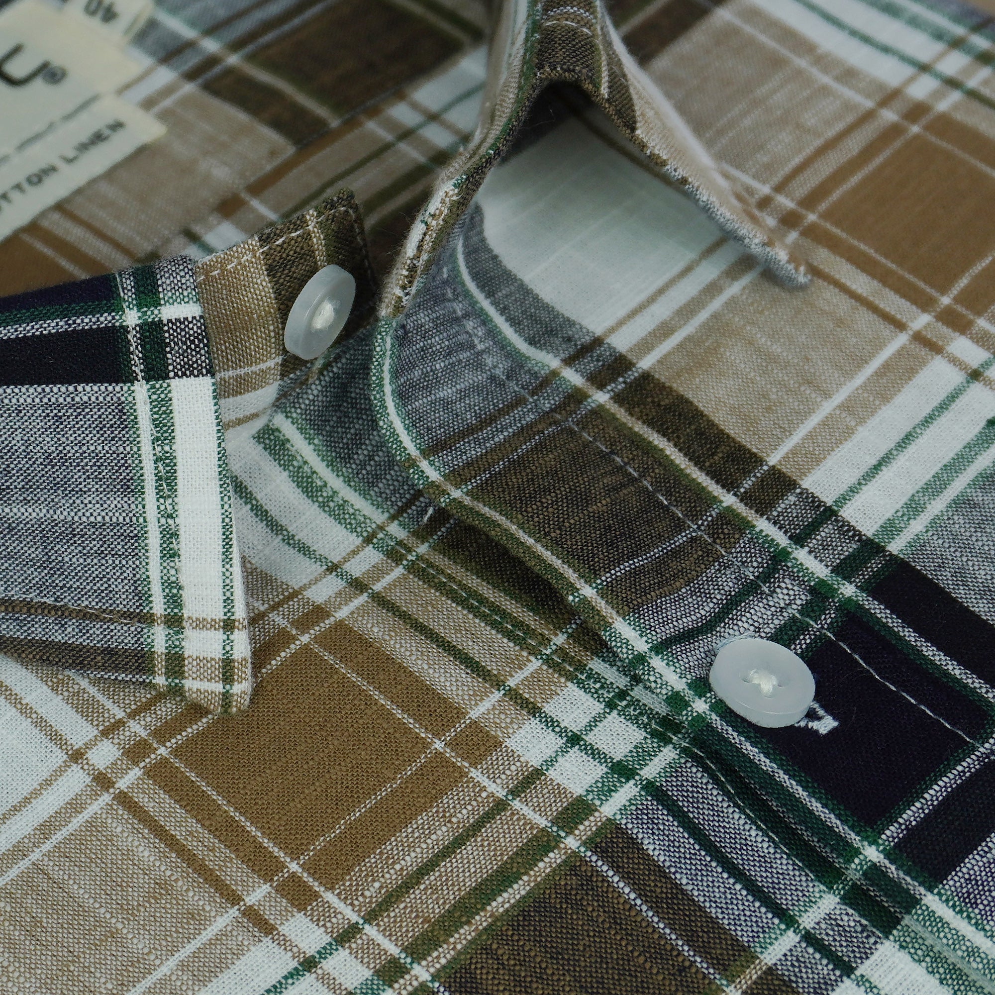 Men's Cotton Linen Checkered Half Sleeves Shirts (Khaki)