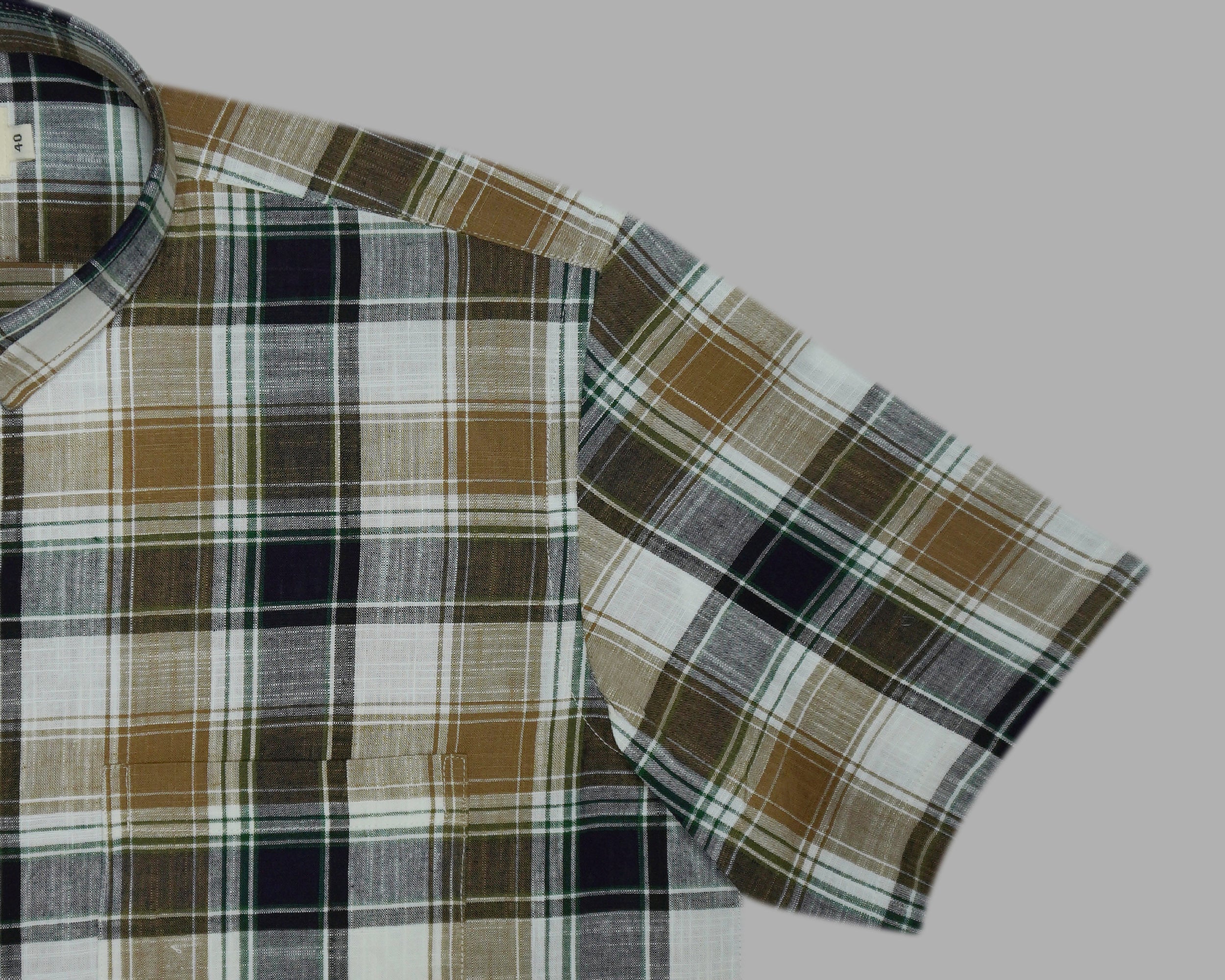 Men's Cotton Linen Checkered Half Sleeves Shirts (Khaki)