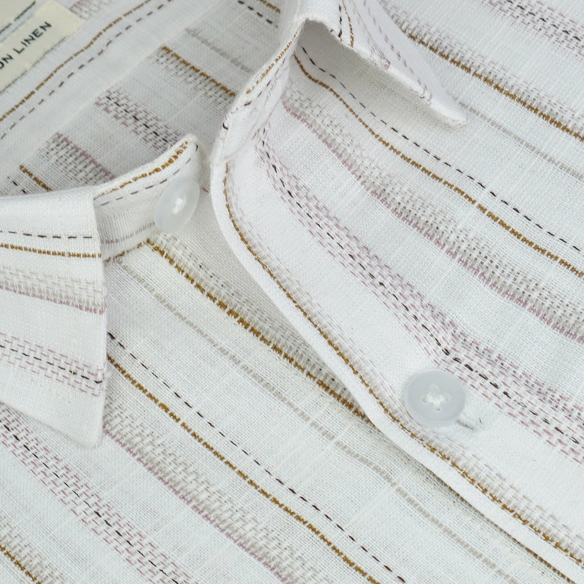 Men's Cotton Linen Striped Half Sleeves Shirts (Khaki)