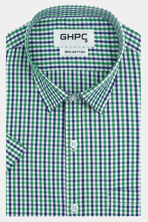 Men's 100% Cotton Small Gingham Checkered Half Sleeves Shirt (Green)