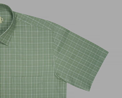 Men's 100% Cotton Plaid Checkered Half Sleeves Shirt (Pistachio Green) FSH700316_5