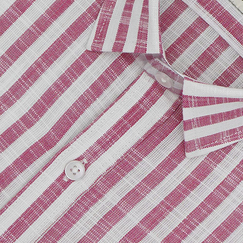 Men's Cotton Linen Awning Striped Half Sleeves Shirt (Pink) FSH700511_3