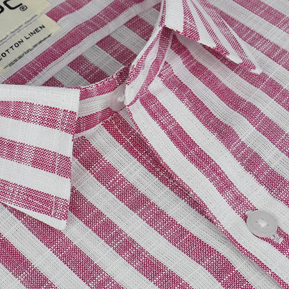 Men's Cotton Linen Awning Striped Half Sleeves Shirt (Pink) FSH700511_4