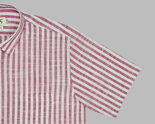 Men's Cotton Linen Awning Striped Half Sleeves Shirt (Pink) FSH700511_5