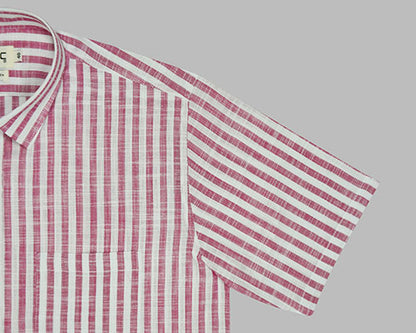 Men's Cotton Linen Awning Striped Half Sleeves Shirt (Pink) FSH700511_5