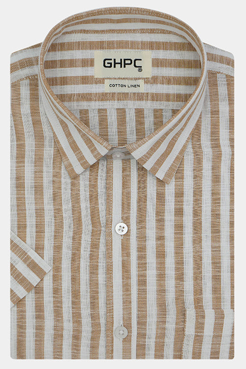 Men's Cotton Linen Awning Striped Half Sleeves Shirt (Brown) FSH700519_1